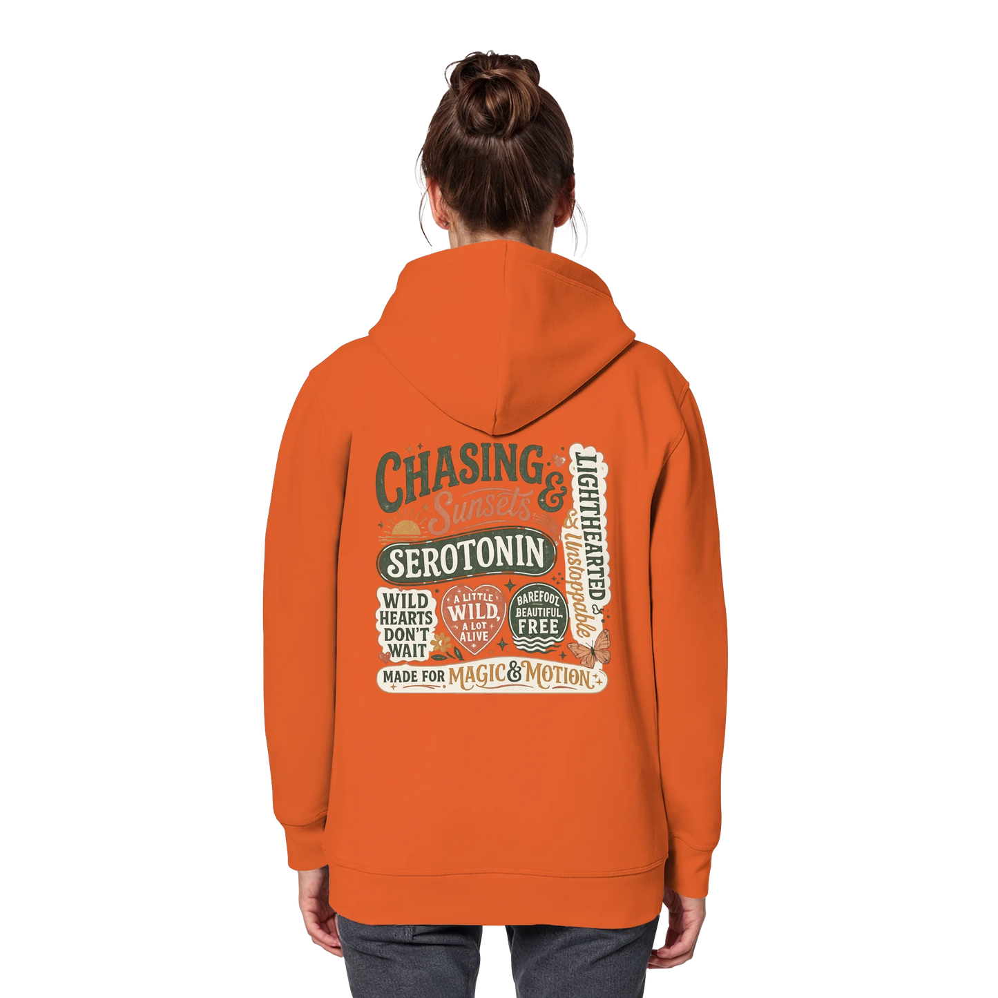 Bio Damen Hoodie in Vintage White mit Chasing Sunsets & Serotonin Design