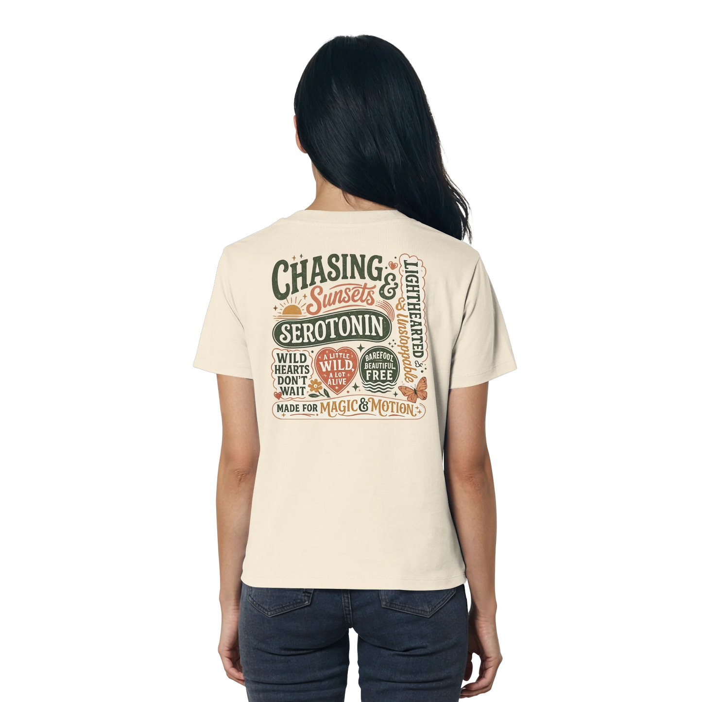 Bio Damen Shirt in Blue Soul mit Chasing Sunsets & Serotonin Design