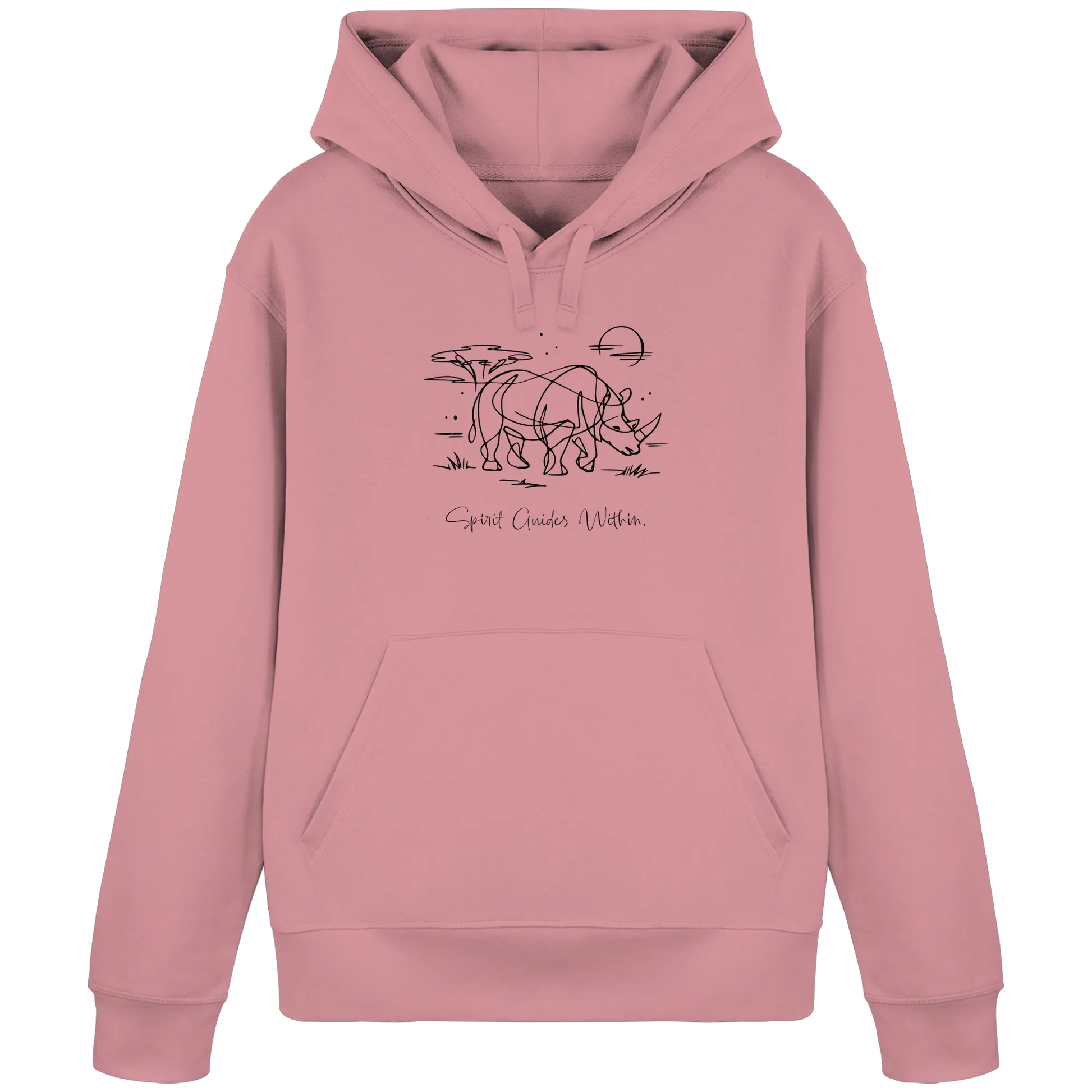 Bio Damen Hoodie in Canyon Pink mit Krafttier Nashorn Lineart Motiv