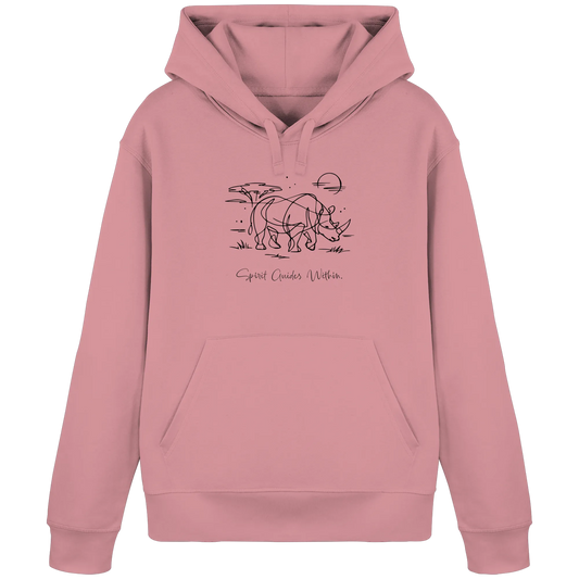 Bio Damen Hoodie in Canyon Pink mit Krafttier Nashorn Lineart Motiv