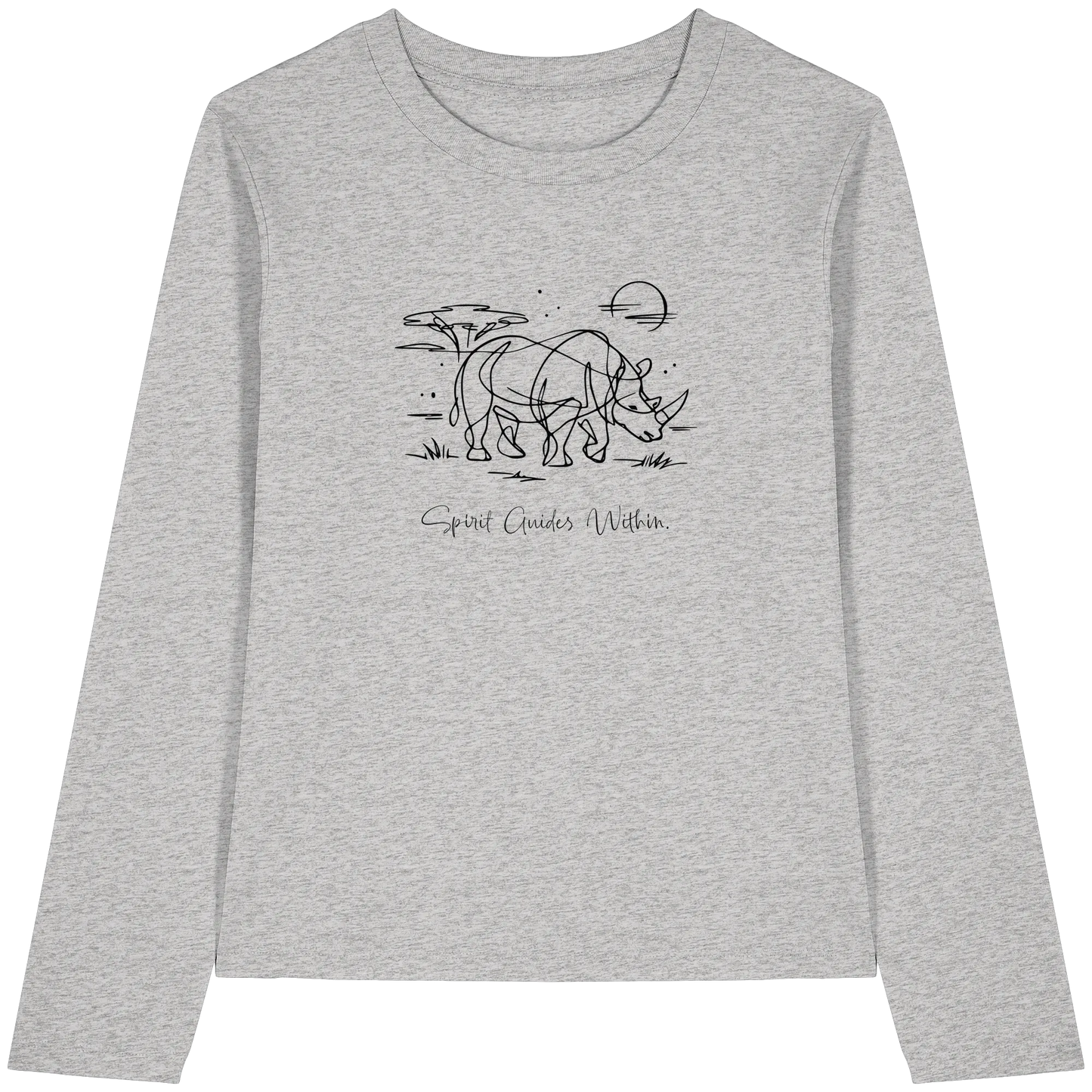 Bio Damen Langarmshirt in Cool Heather Grey mit Krafttier Nashorn Lineart Motiv