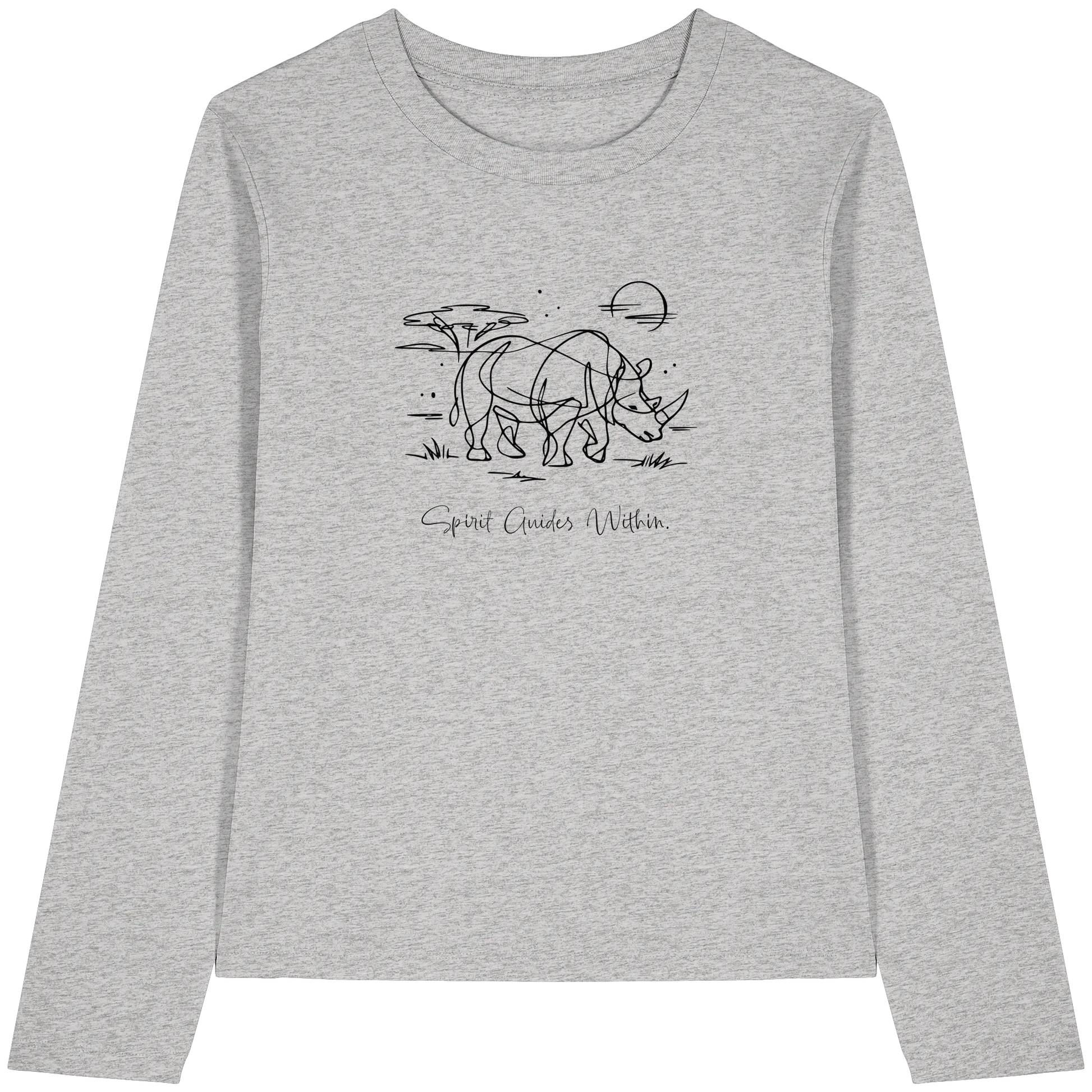 Bio Damen Langarmshirt in Cool Heather Grey mit Krafttier Nashorn Lineart Motiv
