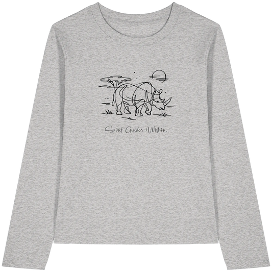 Bio Damen Langarmshirt in Cool Heather Grey mit Krafttier Nashorn Lineart Motiv