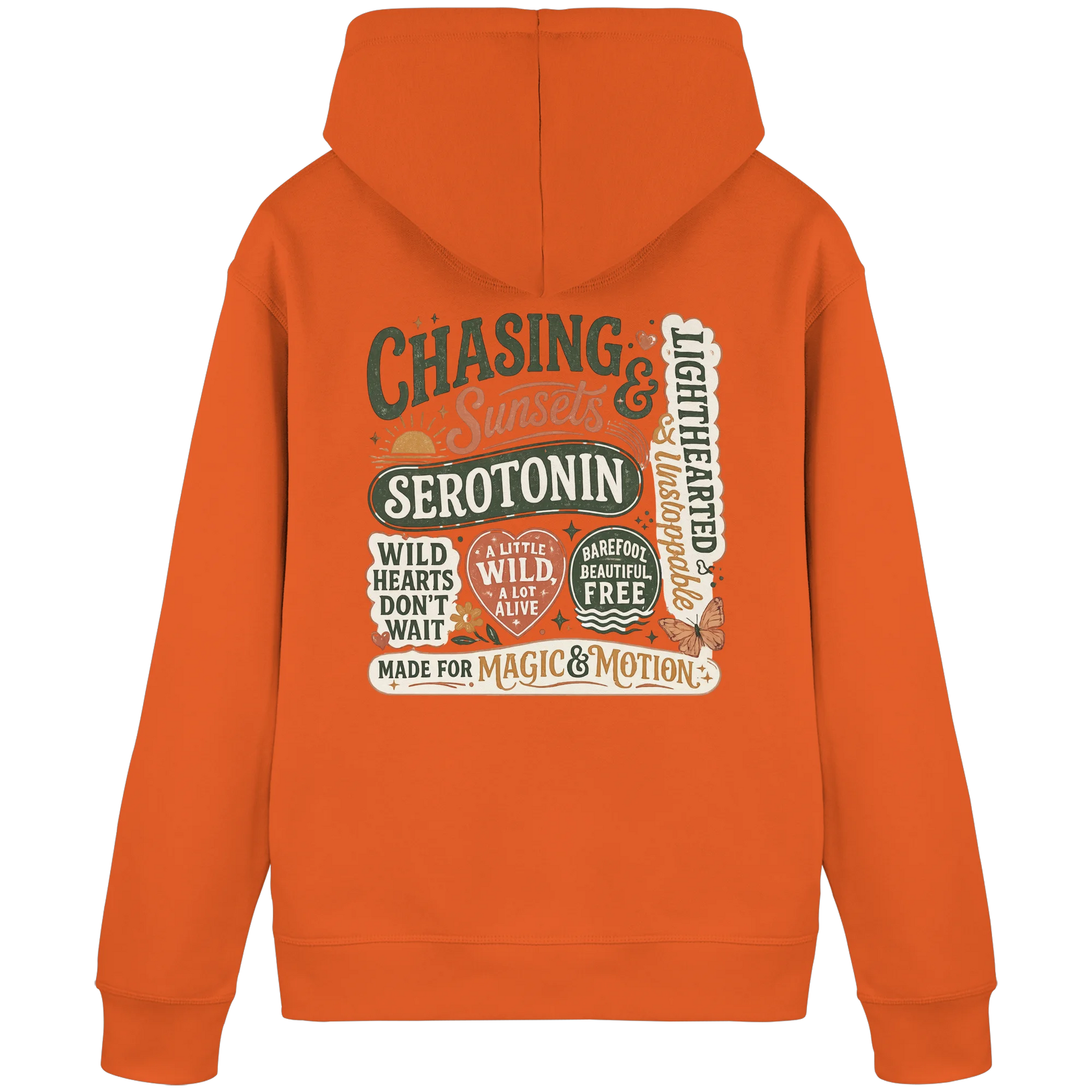 Bio Damen Hoodie in Bright Orange mit Chasing Sunsets & Serotonin Design