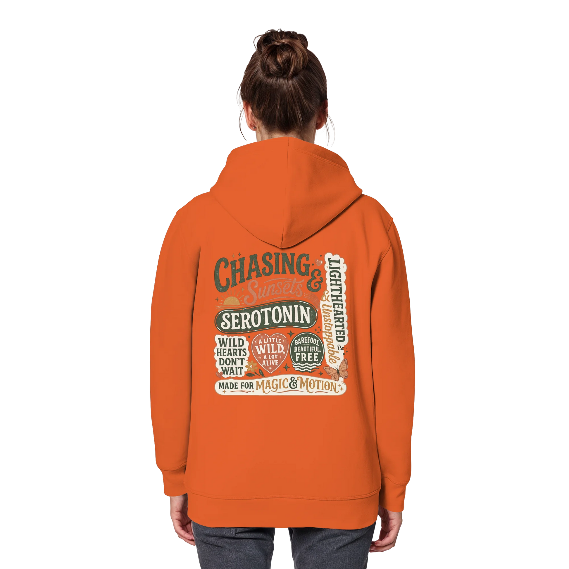Bio Damen Hoodie in Vintage White mit Chasing Sunsets & Serotonin Design