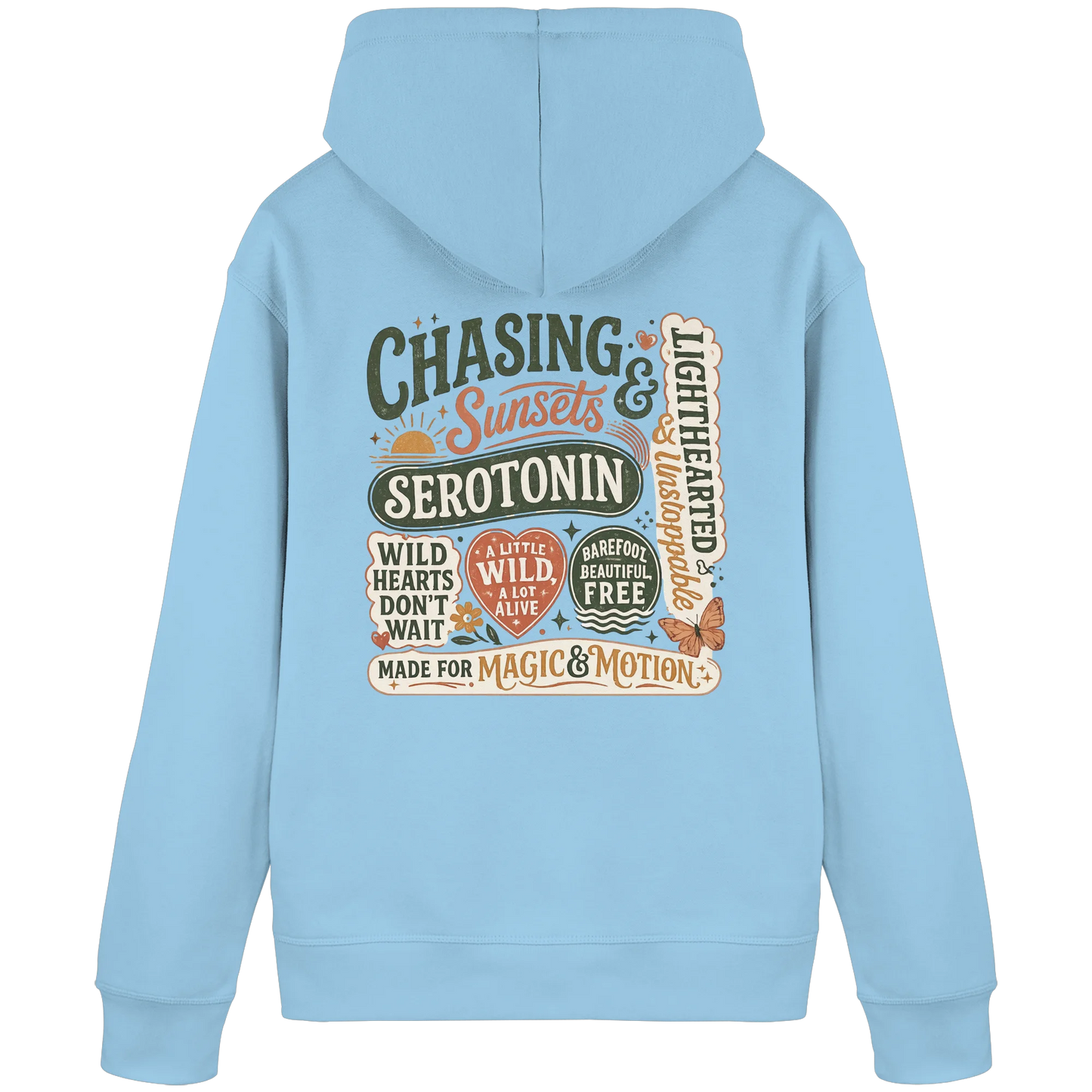 Hellblauer Hoodie mit „Chasing Sunsets & Serotonin“-Retro-Design, vielen Statements und verspielten Details.