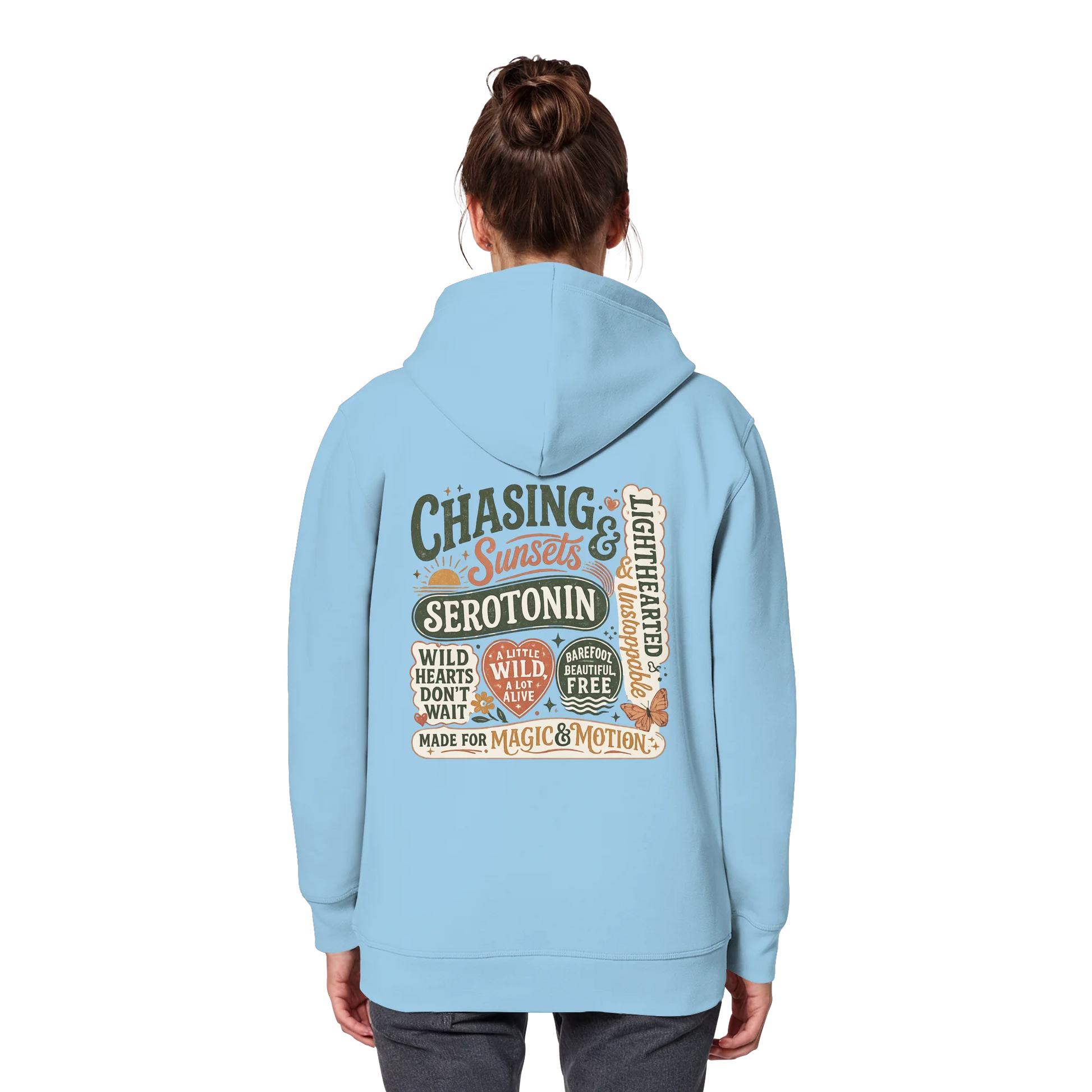 Bio Damen Hoodie in Bright Orange mit Chasing Sunsets & Serotonin Design