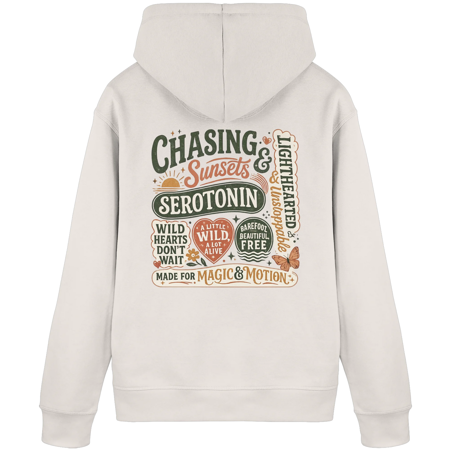 Bio Damen Hoodie in Bright Orange mit Chasing Sunsets & Serotonin Design