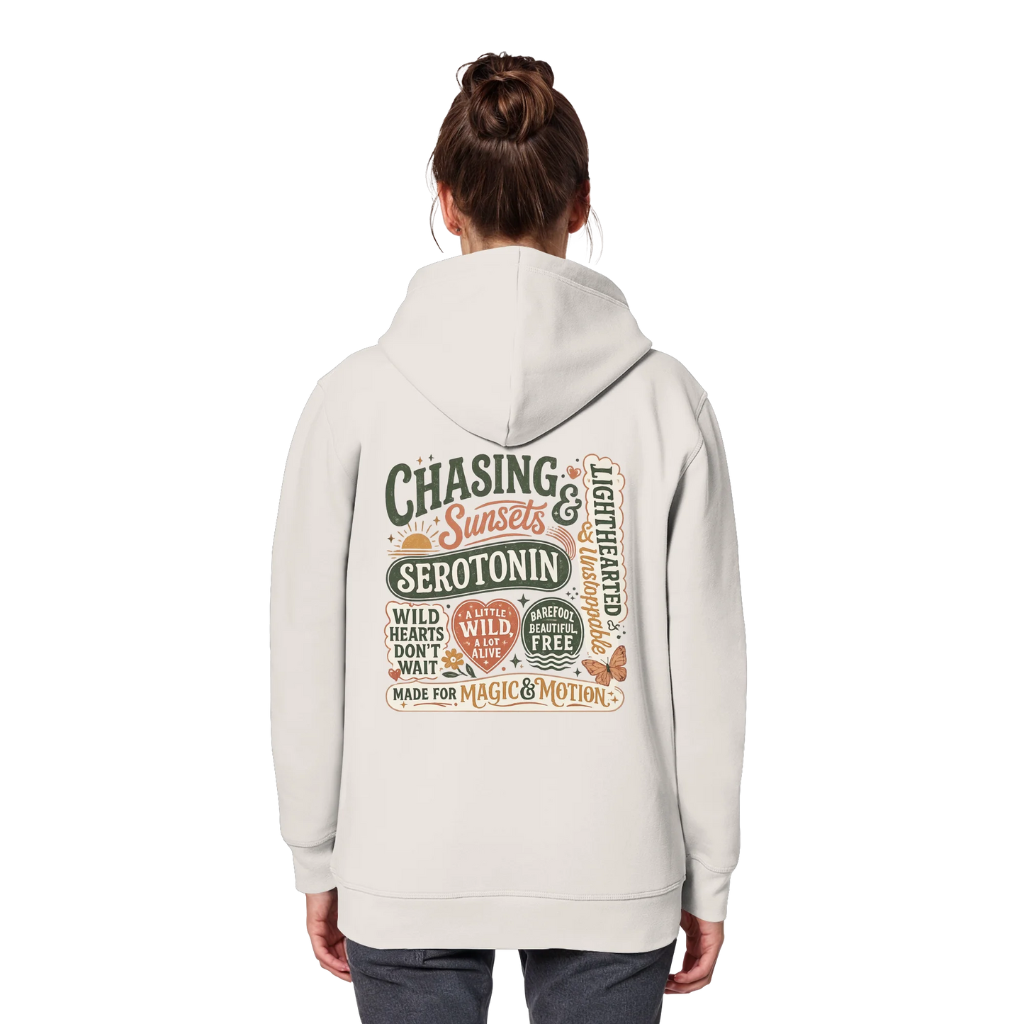 Bio Damen Hoodie in Bright Orange mit Chasing Sunsets & Serotonin Design