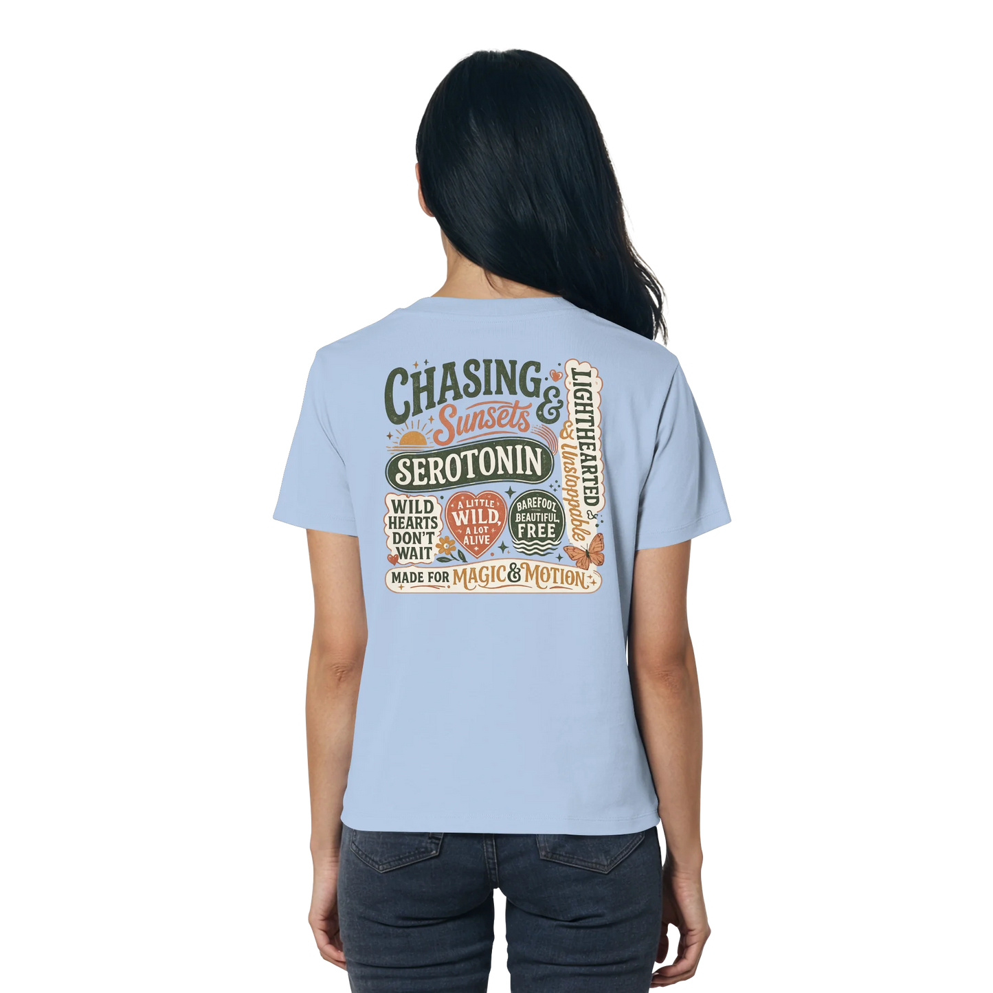 Bio Damen Shirt in Nispero mit Chasing Sunsets & Serotonin Design