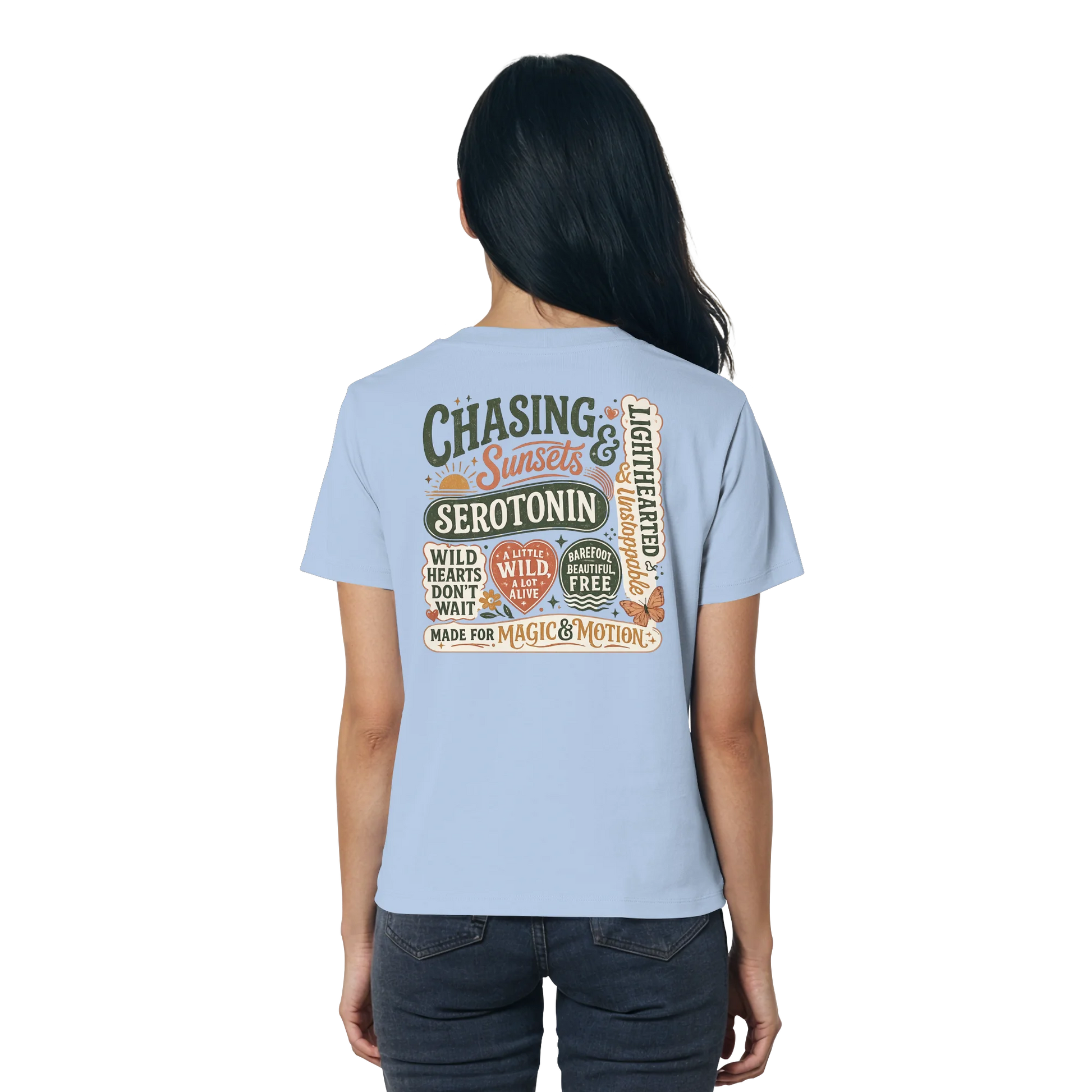 Bio Damen Shirt in Nispero mit Chasing Sunsets & Serotonin Design