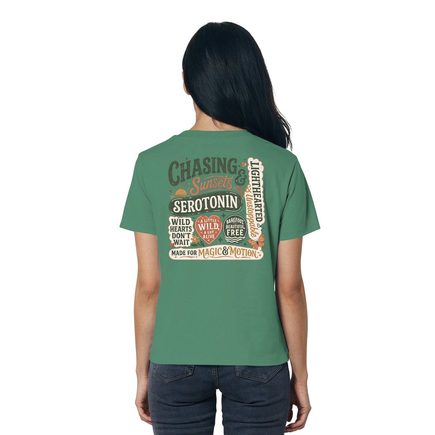 Bio Damen Shirt in Nispero mit Chasing Sunsets & Serotonin Design