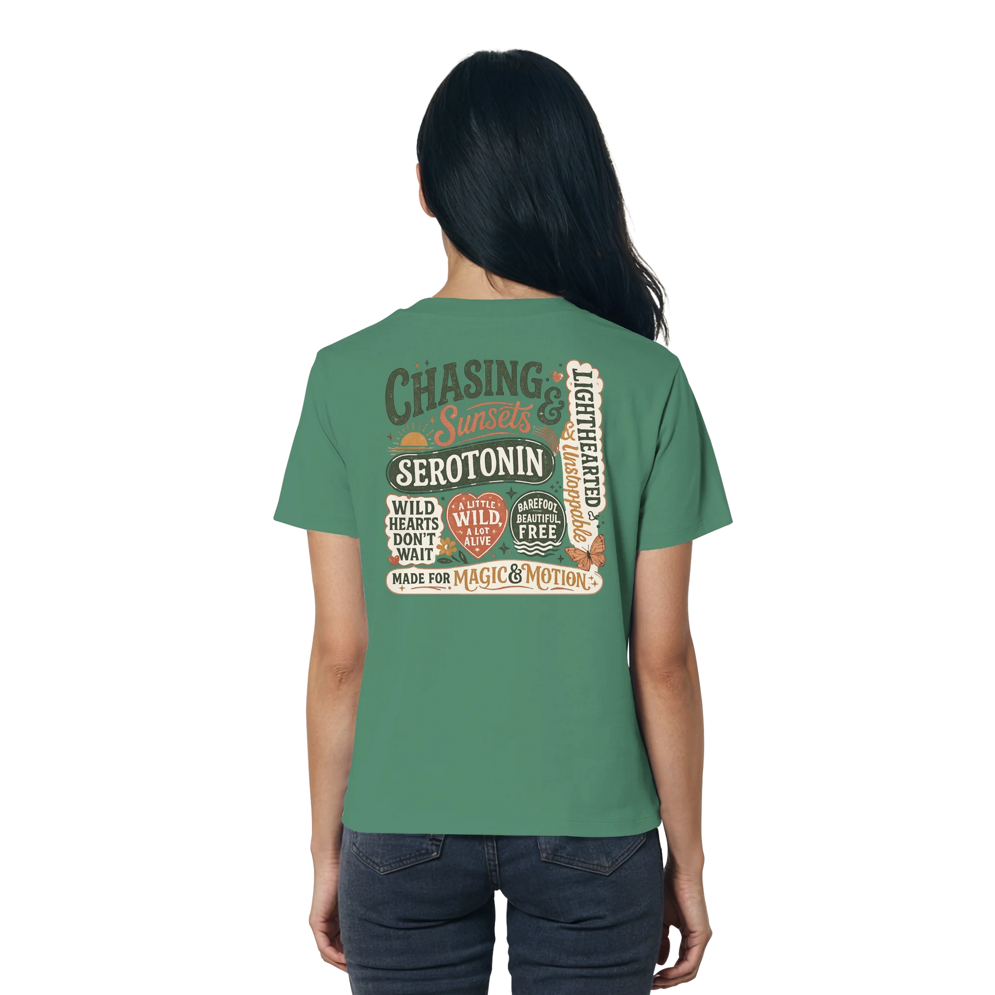 Bio Damen Shirt in Nispero mit Chasing Sunsets & Serotonin Design