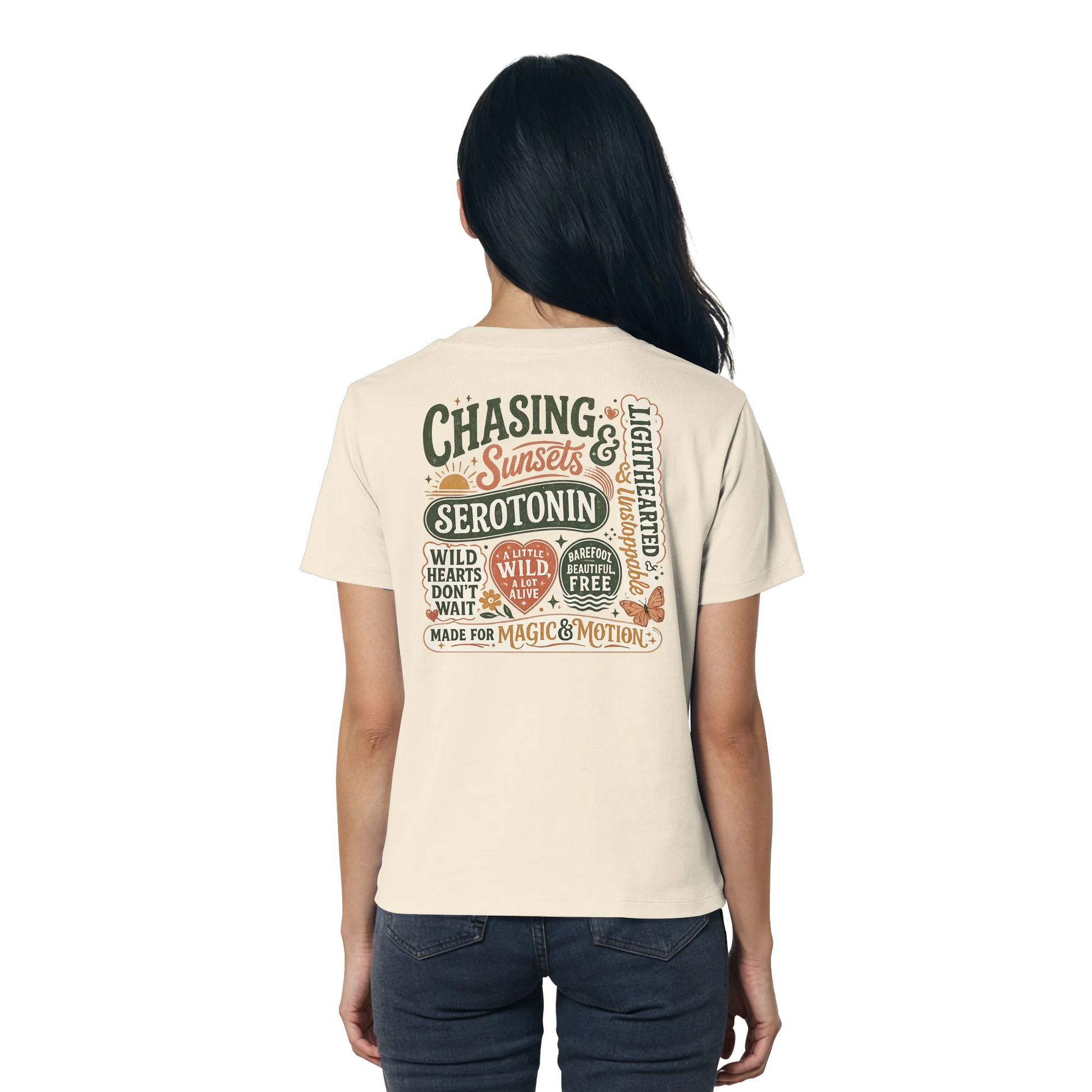 Bio Damen Shirt in Blue Soul mit Chasing Sunsets & Serotonin Design