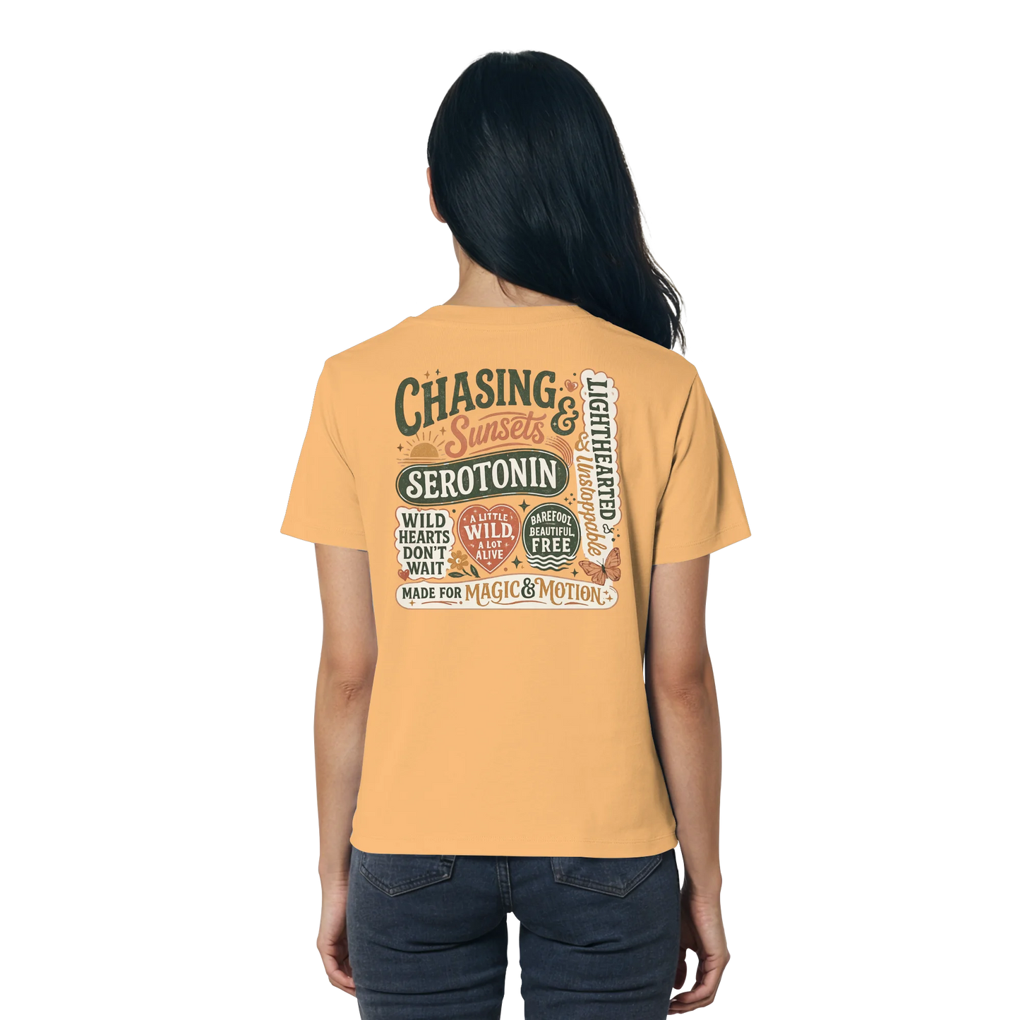 Bio Damen Shirt in Nispero mit Chasing Sunsets & Serotonin Design