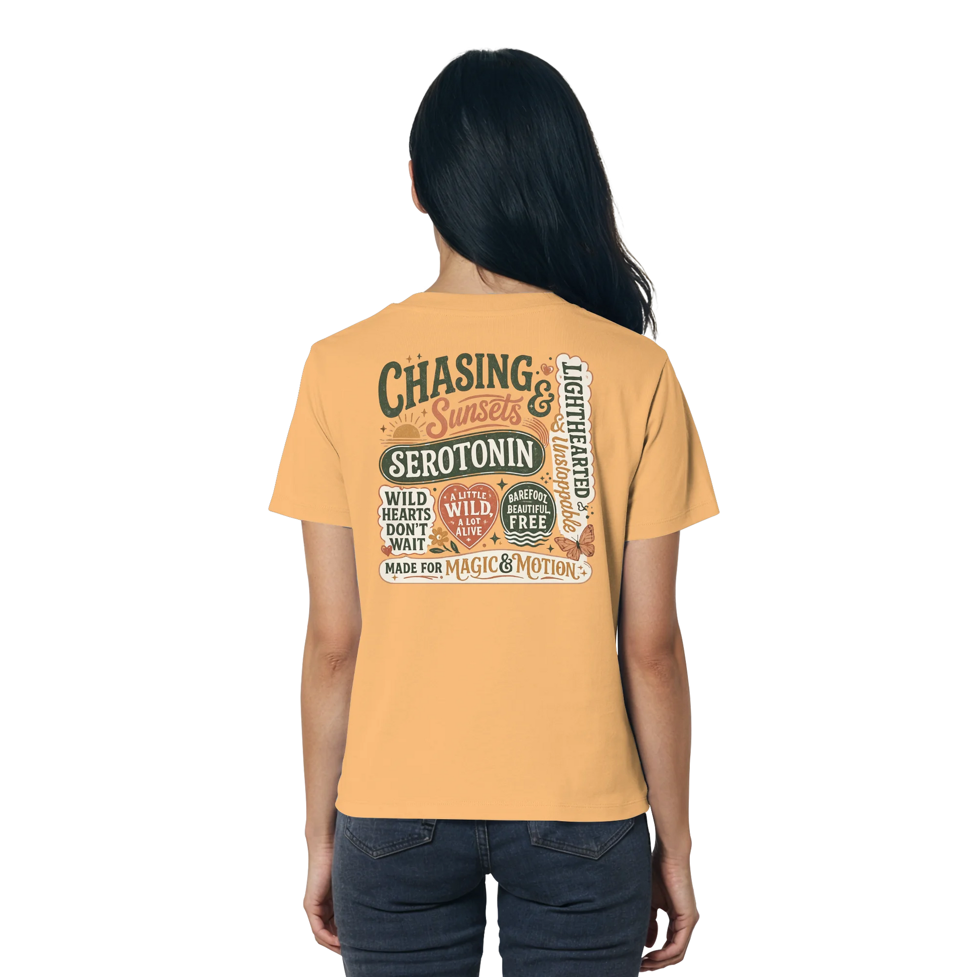 Bio Damen Shirt in Nispero mit Chasing Sunsets & Serotonin Design
