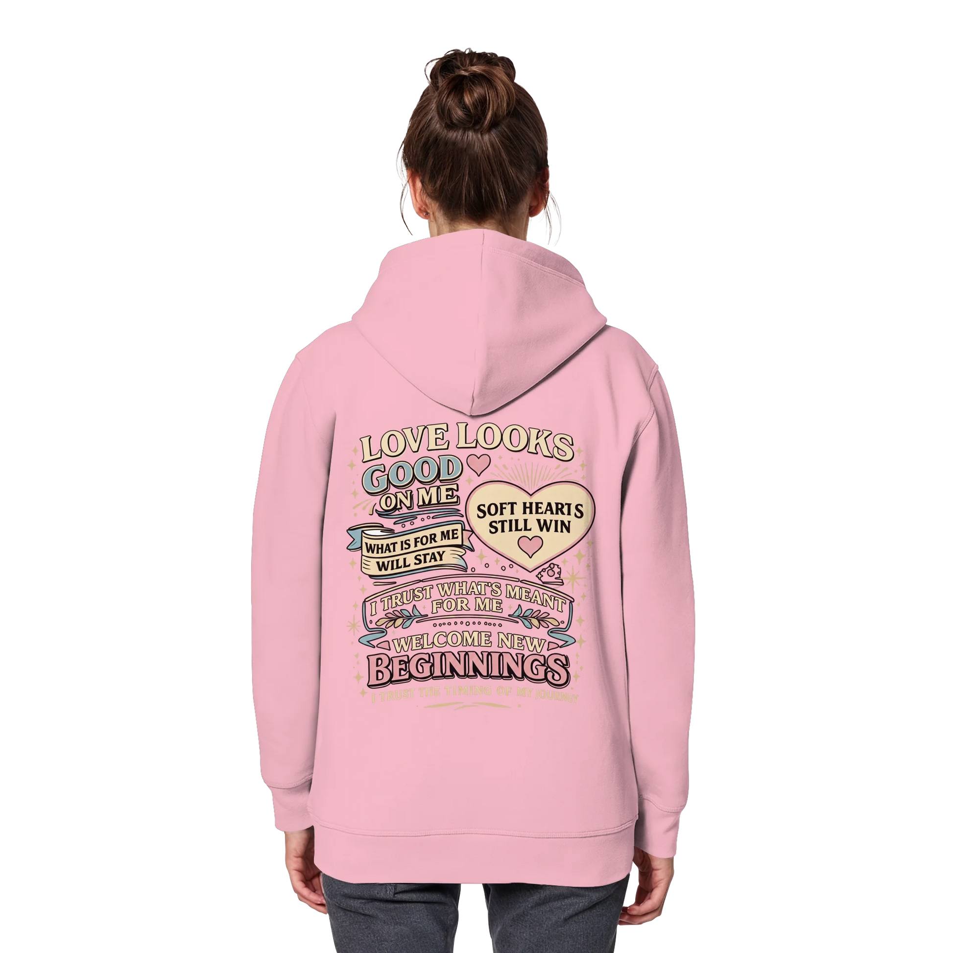 Bio Damen Hoodie in Vintage White mit Love Looks Good on Me Design
