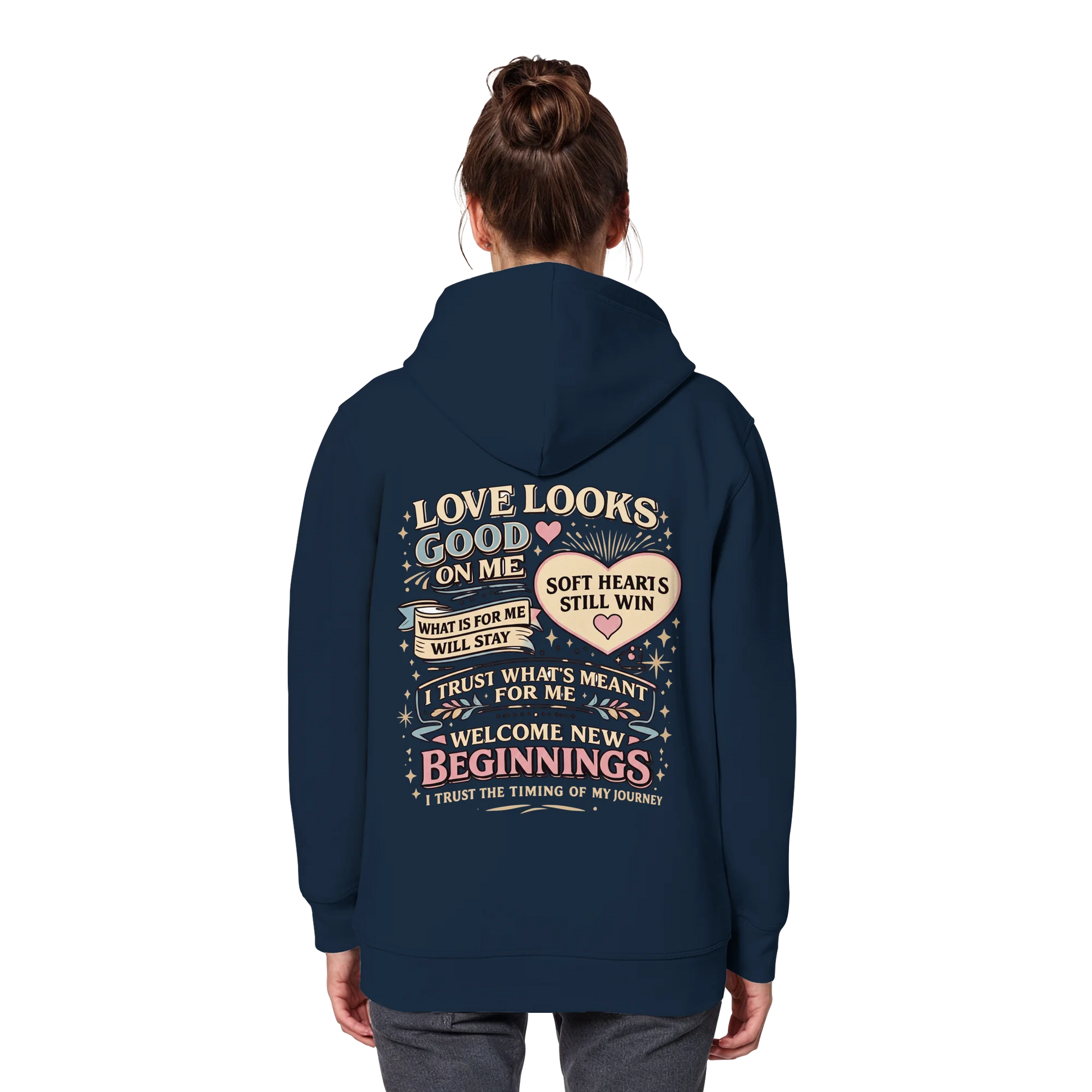 Bio Damen Hoodie in Cotton Pink mit Love Looks Good on Me Design