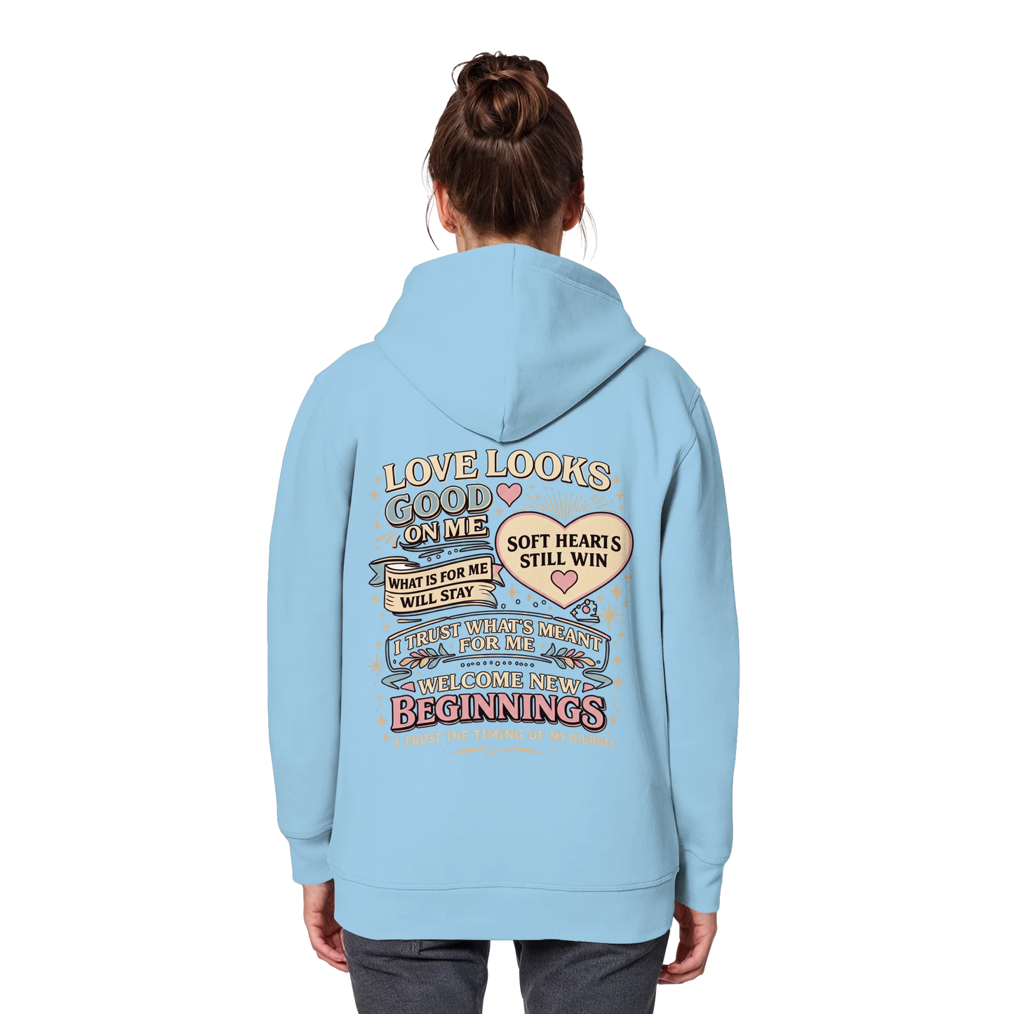 Bio Damen Hoodie in Vintage White mit Love Looks Good on Me Design