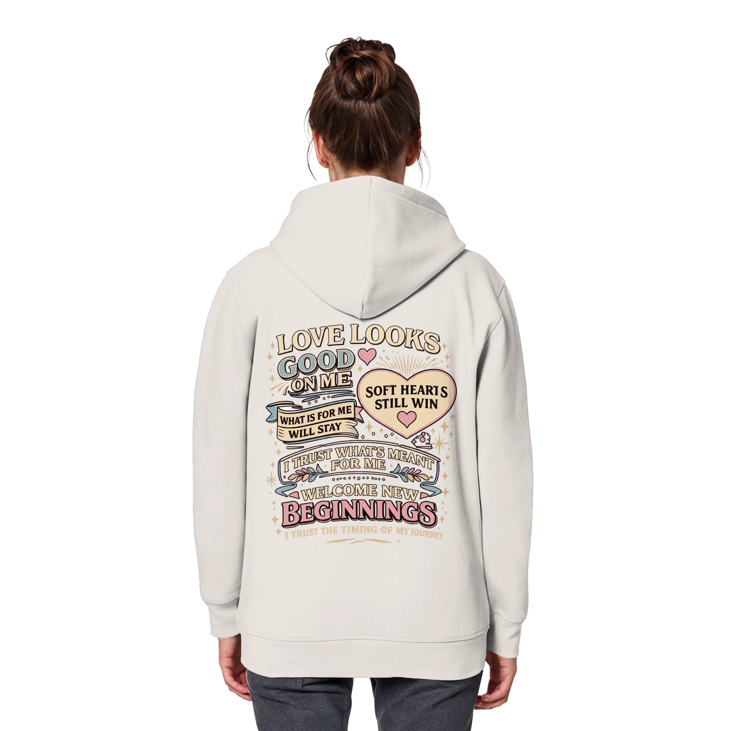 Bio Damen Hoodie in Cotton Pink mit Love Looks Good on Me Design