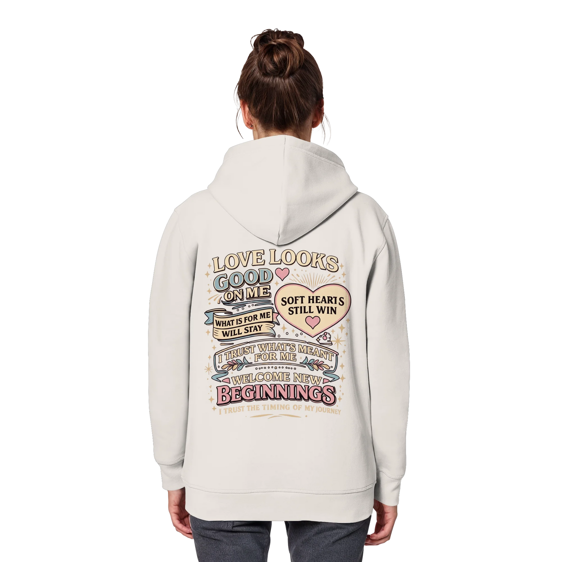 Bio Damen Hoodie in Cotton Pink mit Love Looks Good on Me Design