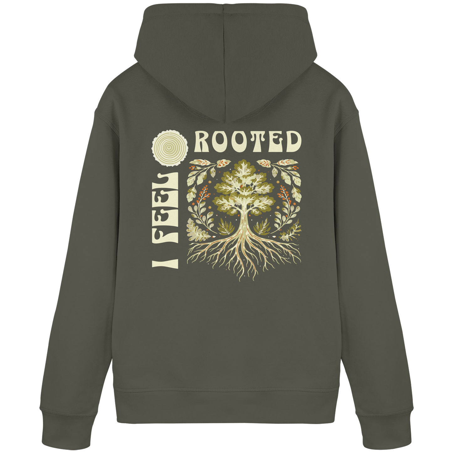 Bio Damen Hoodie in Khaki mit Erdung & innere Stärke Design