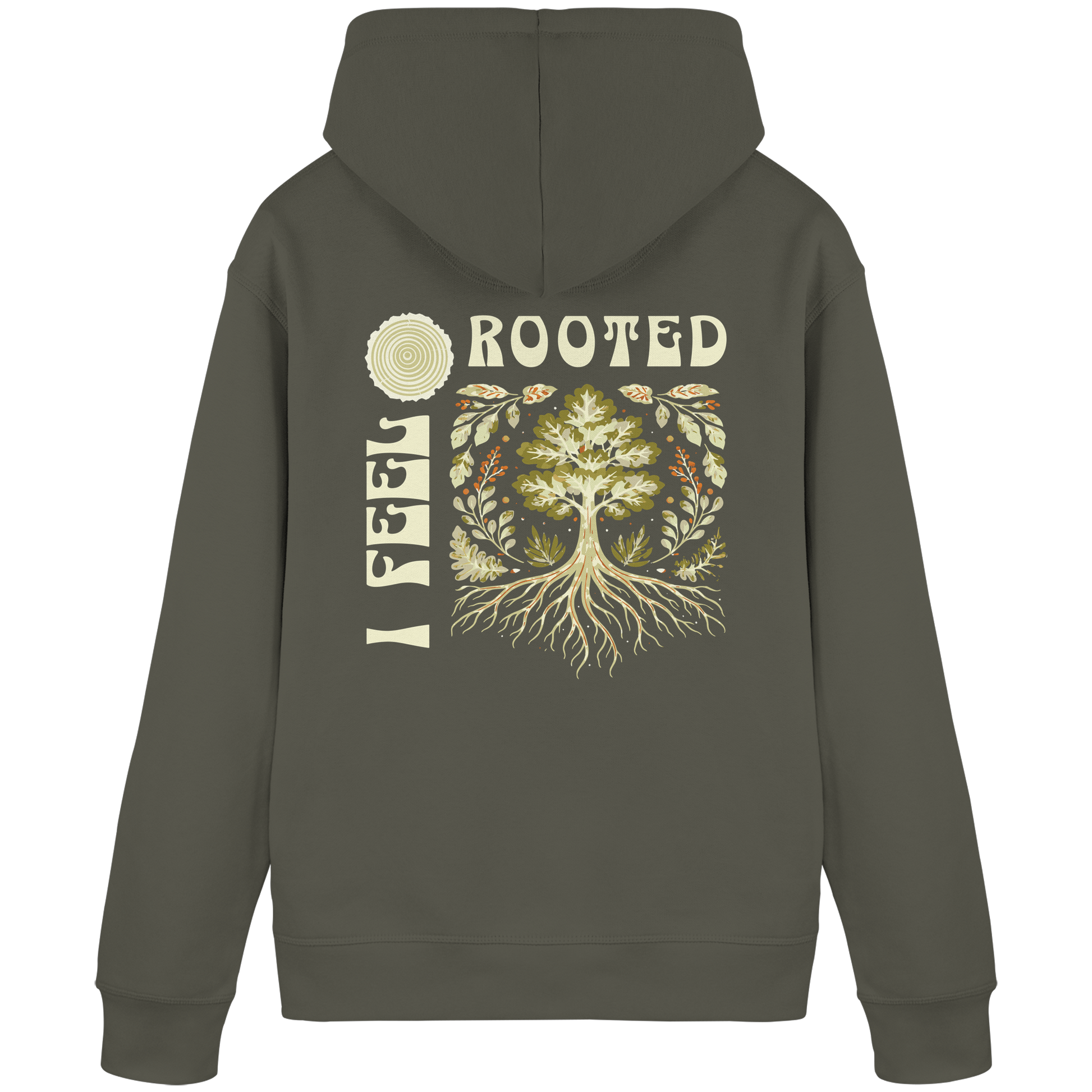 Bio Damen Hoodie in Khaki mit Erdung & innere Stärke Design