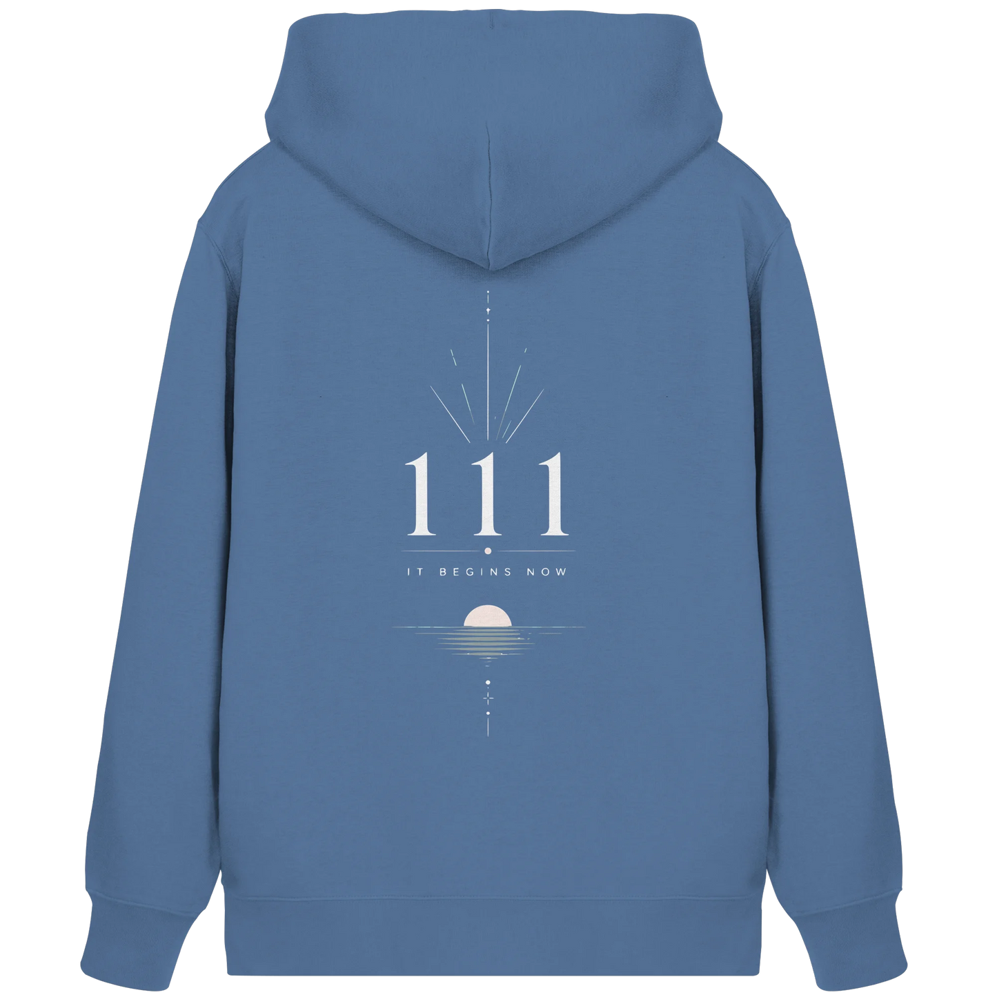 Blauer Bio Damen Zipper mit Engelszahl 111 Rückenmotiv, Lichtlinien und Sonnenaufgang als Symbol für Neubeginn