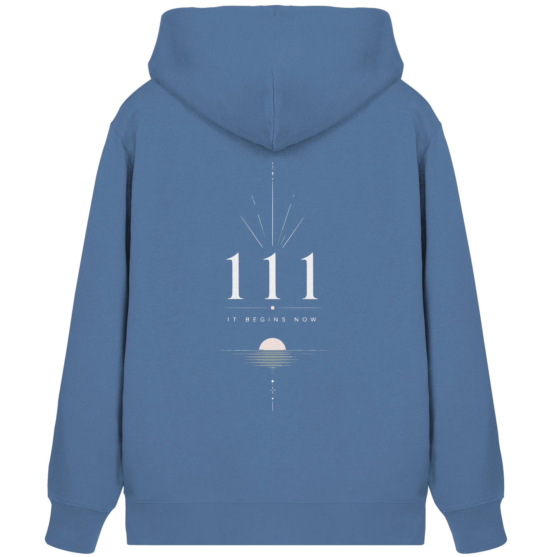 Blauer Bio Damen Zipper mit Engelszahl 111 Rückenmotiv, Lichtlinien und Sonnenaufgang als Symbol für Neubeginn