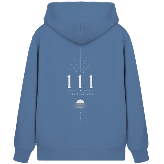 Blauer Bio Damen Zipper mit Engelszahl 111 Rückenmotiv, Lichtlinien und Sonnenaufgang als Symbol für Neubeginn
