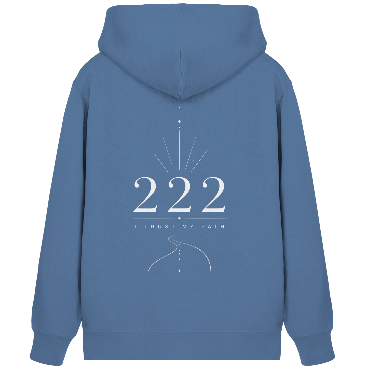 Blauer Bio Damen Zipper mit Engelszahl 222 Rückenmotiv, I Trust My Path Schriftzug und geschwungenem Wegsymbol