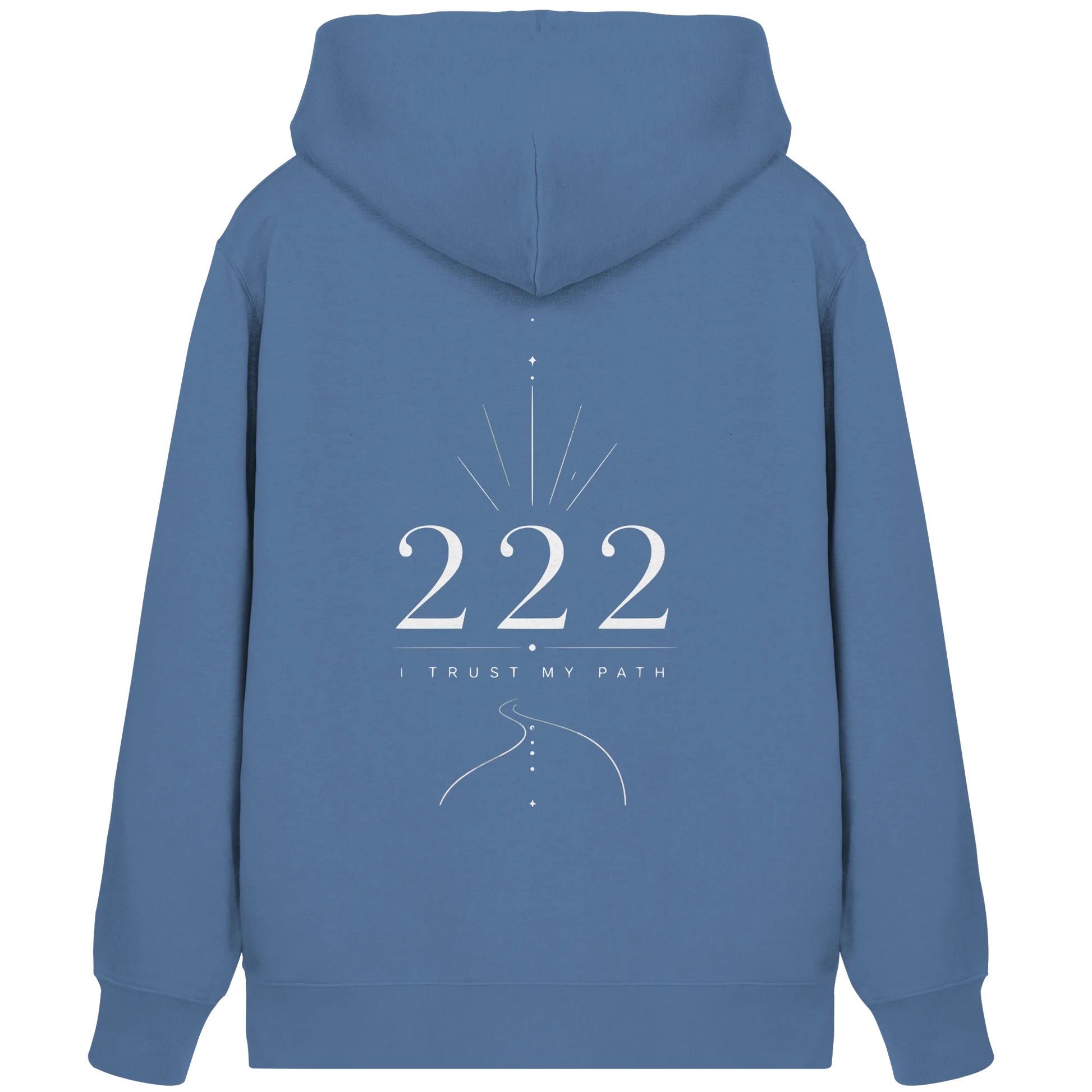 Blauer Bio Damen Zipper mit Engelszahl 222 Rückenmotiv, I Trust My Path Schriftzug und geschwungenem Wegsymbol