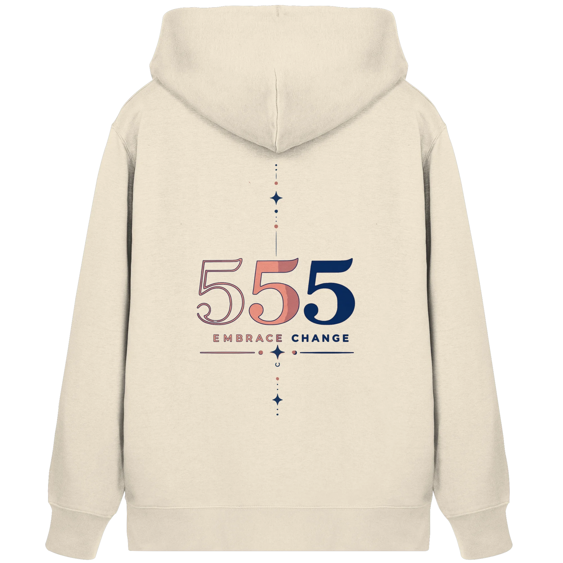 Natural Raw Bio Damen Zipper mit Engelszahl 555 Rückenmotiv, Embrace Change Schriftzug und farbiger Zahlengrafik