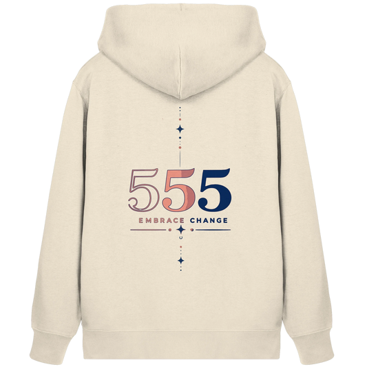 Natural Raw Bio Damen Zipper mit Engelszahl 555 Rückenmotiv, Embrace Change Schriftzug und farbiger Zahlengrafik