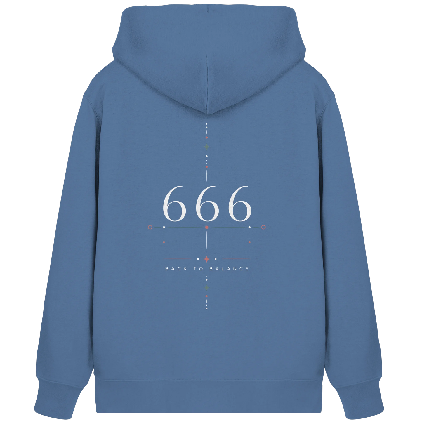 Blauer Bio Damen Zipper mit Engelszahl 666 Rückenmotiv, Back to Balance Schriftzug und symmetrischen Sternpunkten