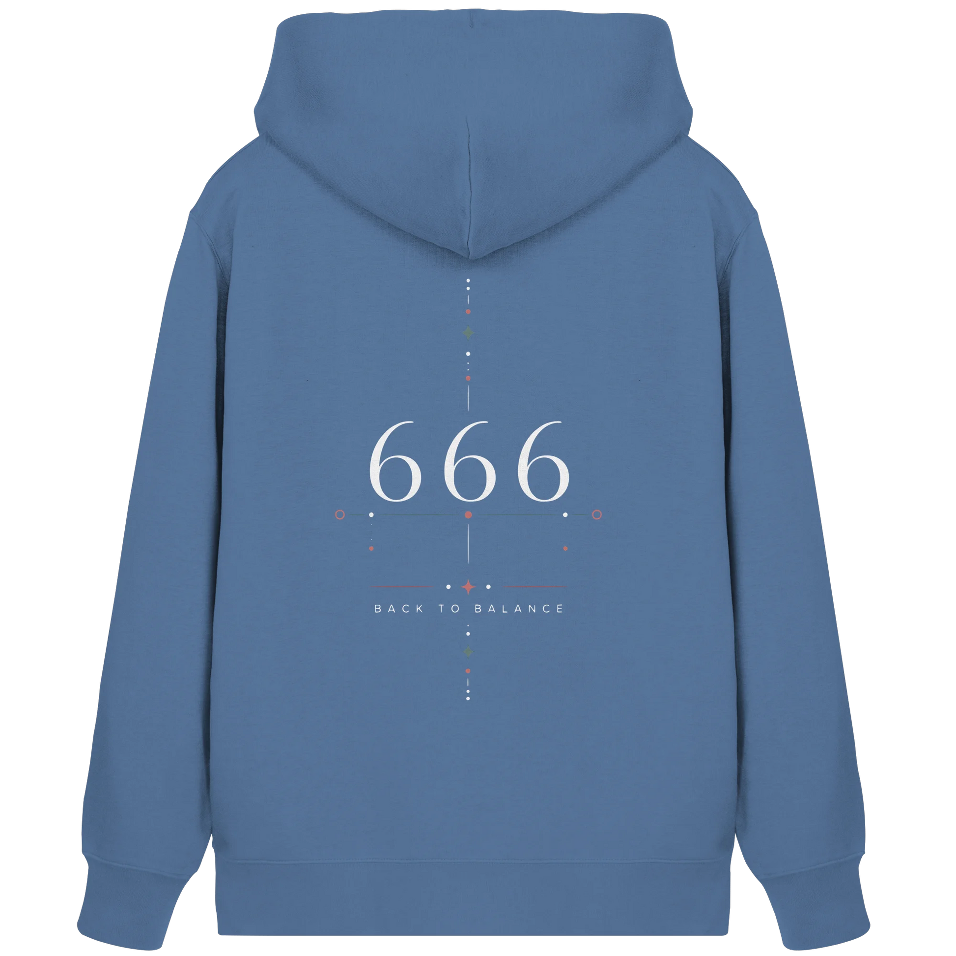 Blauer Bio Damen Zipper mit Engelszahl 666 Rückenmotiv, Back to Balance Schriftzug und symmetrischen Sternpunkten