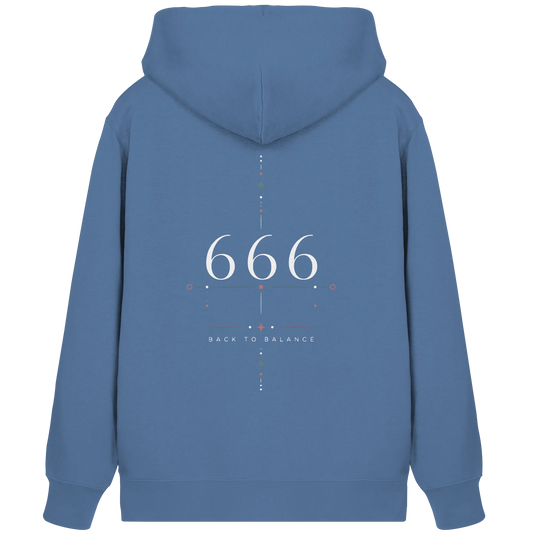 Blauer Bio Damen Zipper mit Engelszahl 666 Rückenmotiv, Back to Balance Schriftzug und symmetrischen Sternpunkten