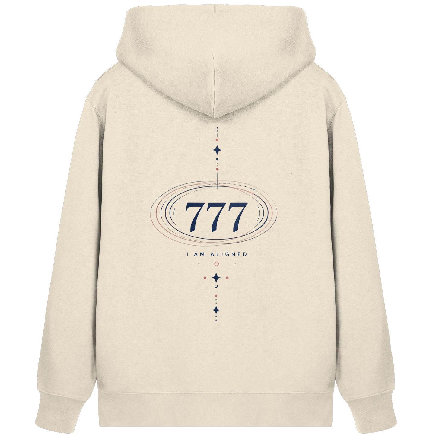 Natural Raw Bio Damen Zipper mit Engelszahl 777 Rückenmotiv, I Am Aligned Schriftzug und ovalen Energielinien
