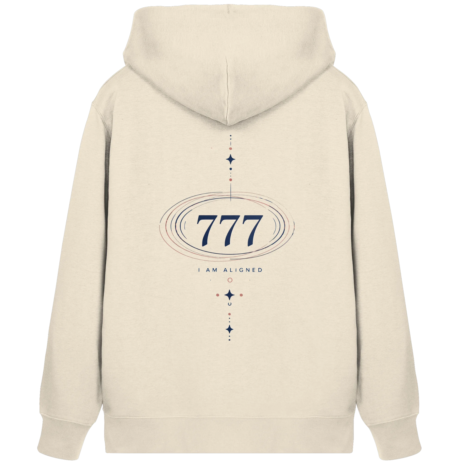 Natural Raw Bio Damen Zipper mit Engelszahl 777 Rückenmotiv, I Am Aligned Schriftzug und ovalen Energielinien