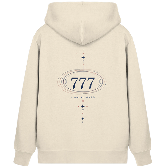 Natural Raw Bio Damen Zipper mit Engelszahl 777 Rückenmotiv, I Am Aligned Schriftzug und ovalen Energielinien