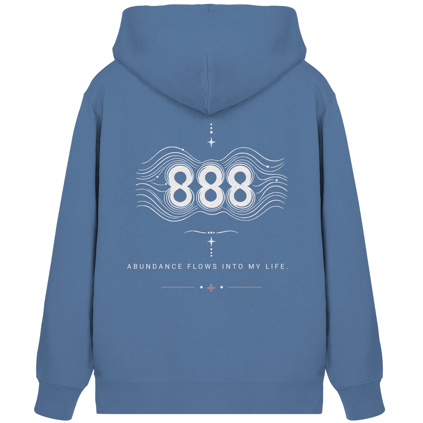 Blauer Bio Damen Zipper mit Engelszahl 888 Rückenmotiv, Wellenlinien und Affirmation zu Fülle und Lebensfluss