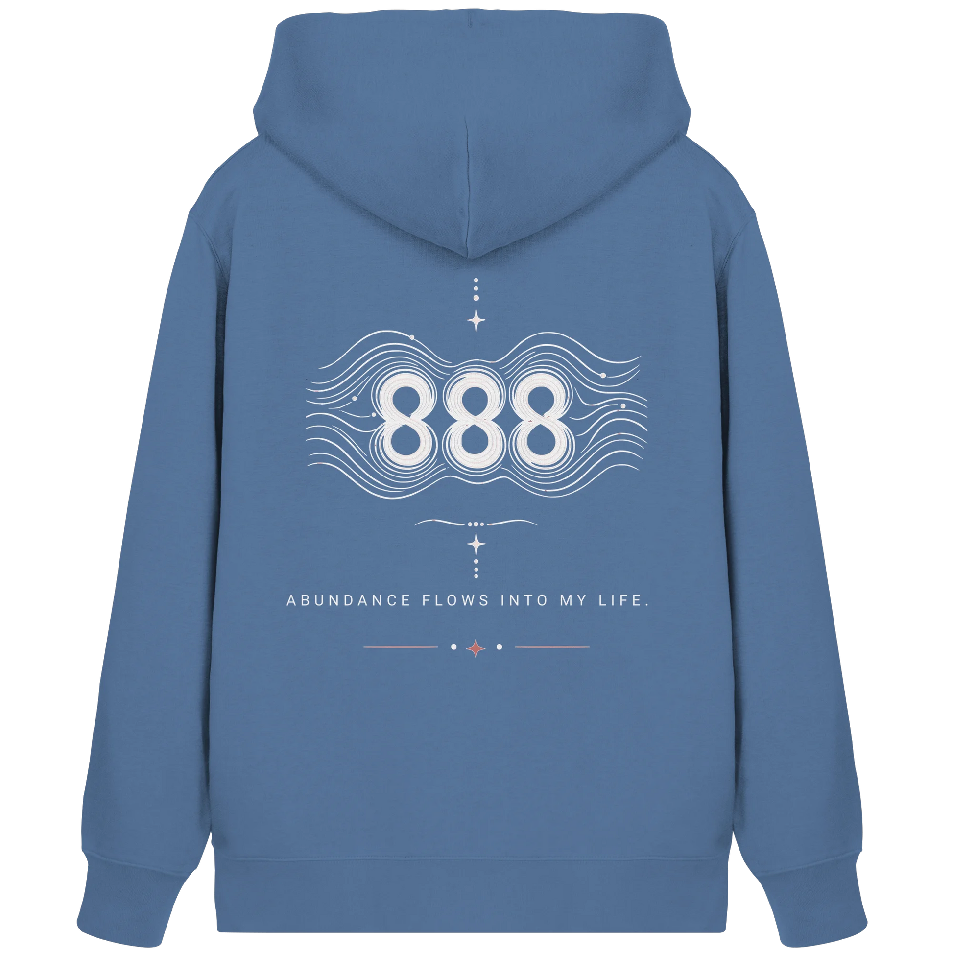 Blauer Bio Damen Zipper mit Engelszahl 888 Rückenmotiv, Wellenlinien und Affirmation zu Fülle und Lebensfluss