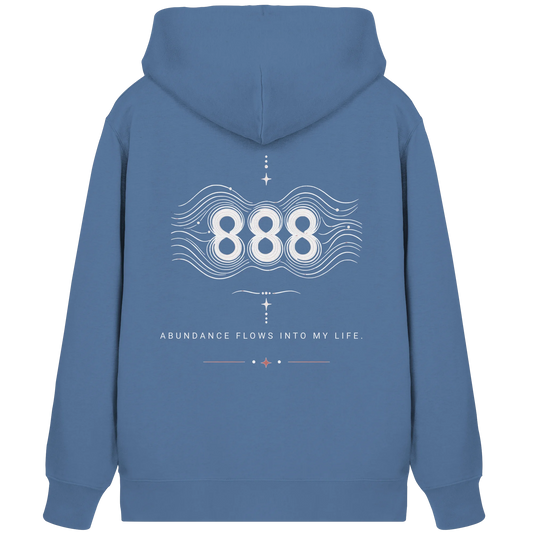 Blauer Bio Damen Zipper mit Engelszahl 888 Rückenmotiv, Wellenlinien und Affirmation zu Fülle und Lebensfluss