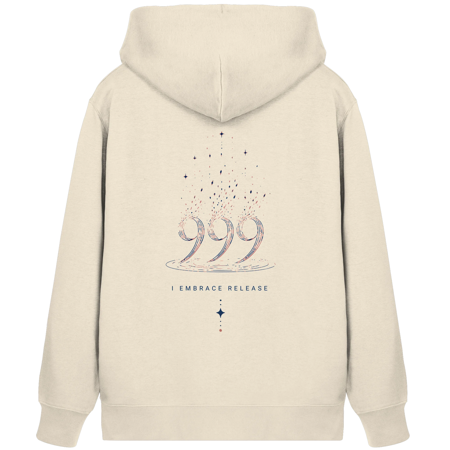 Natural Raw Bio Damen Zipper mit Engelszahl 999 Rückenmotiv, I Embrace Release Schriftzug und aufsteigenden Elementen