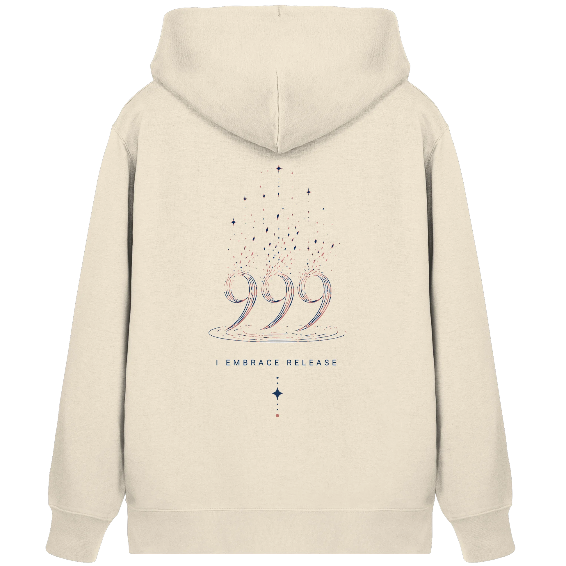 Natural Raw Bio Damen Zipper mit Engelszahl 999 Rückenmotiv, I Embrace Release Schriftzug und aufsteigenden Elementen