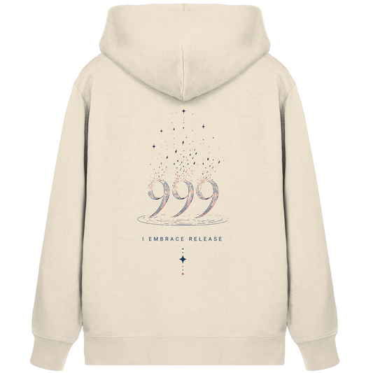 Natural Raw Bio Damen Zipper mit Engelszahl 999 Rückenmotiv, I Embrace Release Schriftzug und aufsteigenden Elementen