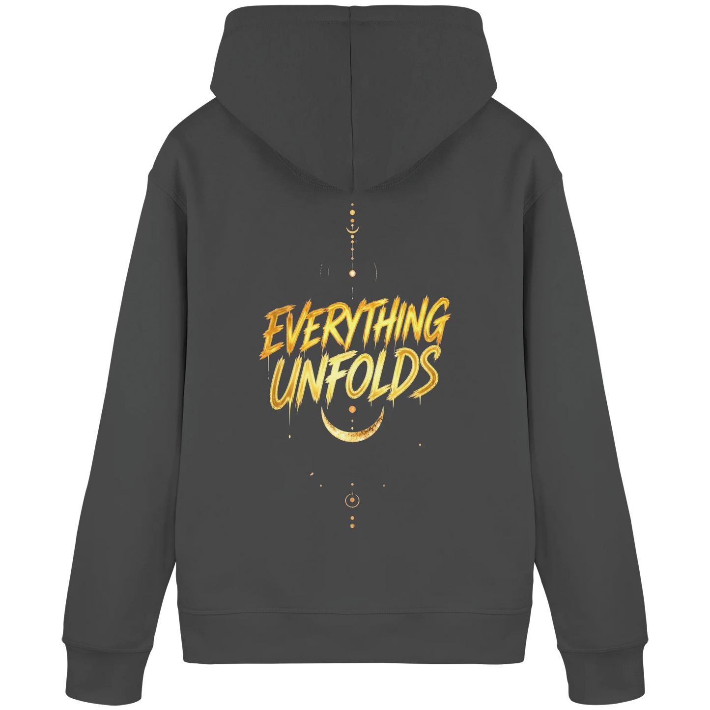 Bottle-Green Hoodie mit goldenem „Everything Unfolds“-Rückenmotiv, Sichelmond und fließenden Linien.