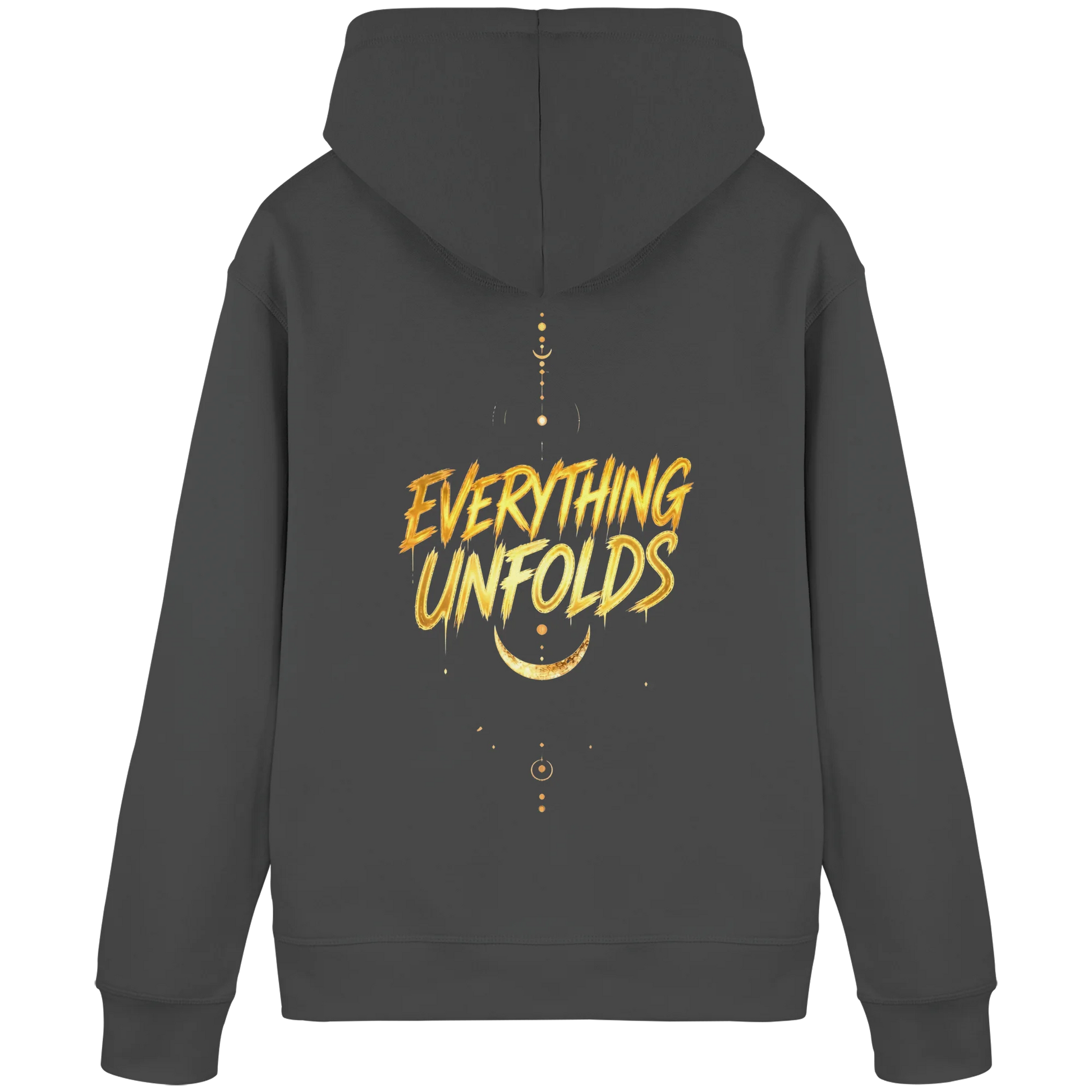 Bottle-Green Hoodie mit goldenem „Everything Unfolds“-Rückenmotiv, Sichelmond und fließenden Linien.
