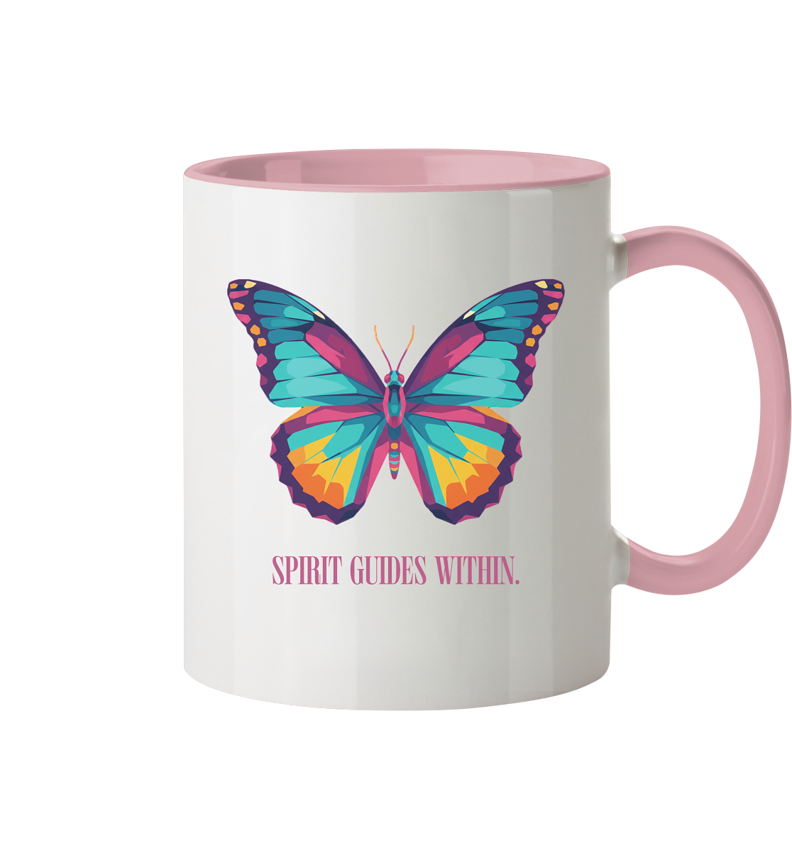  Tasse in Weiß & Altrosa mit Krafttier Schmetterling Motiv