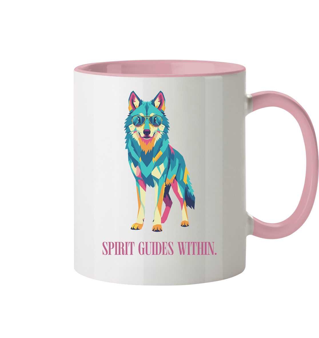  Tasse in Weiß & Altrosa mit Krafttier Wolf Motiv